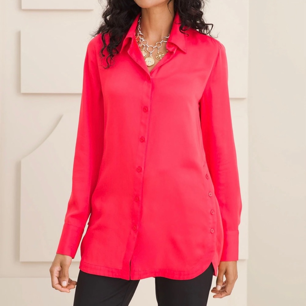 Chico’s Sandwashed Satin Button Front Red Tunic Shirt Long Sleeve Large
